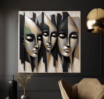 Abstraktes Leinwandbild mit drei stilisierten Gesichtern in Gold und Schwarz