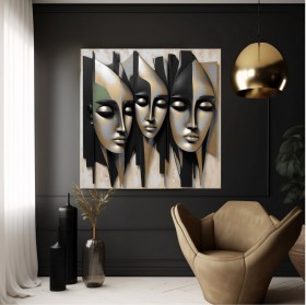 Abstraktes Leinwandbild mit drei stilisierten Gesichtern in Gold und Schwarz Abstraktes Leinwandbild mit drei stilisierten Gesichtern in Gold und Schwarz