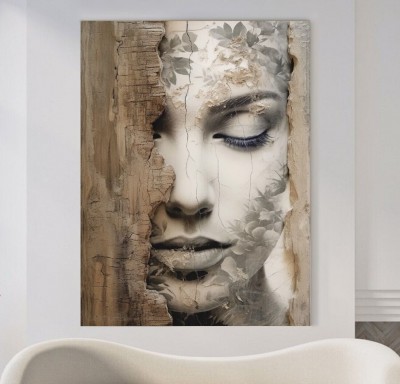 Elegantes Leinwandbild mit stiller Frauenfrontalansicht in Grau und Beige