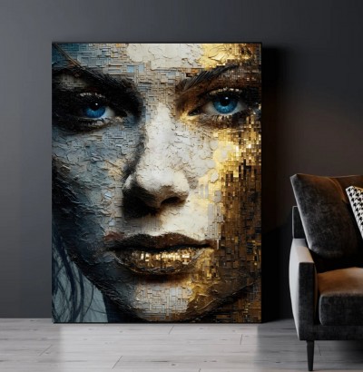 Ausdrucksstarkes Leinwandbild mit modernem Gesicht in Gold und Blau