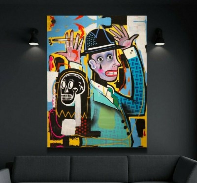 Farbiges Leinwandbild mit maskenhaftem Porträt im Street-Art-Stil
