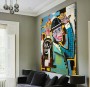 Farbiges Leinwandbild mit maskenhaftem Porträt im Street-Art-Stil