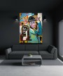 Farbiges Leinwandbild mit maskenhaftem Porträt im Street-Art-Stil