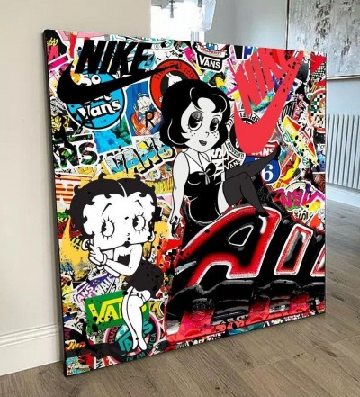 Pop Art Leinwandbild mit Comicfiguren und Sticker-Collage