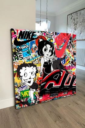 Pop Art Leinwandbild mit Comicfiguren und Sticker-Collage Pop Art Leinwandbild mit Comicfiguren und Sticker-Collage