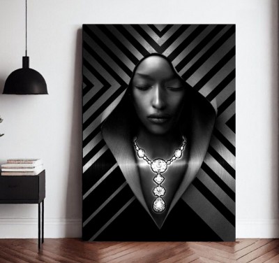Elegantes Schwarz-Weiß Leinwandbild mit stilisierter Frauenfigur