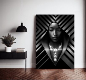 Elegantes Schwarz-Weiß Leinwandbild mit stilisierter Frauenfigur Elegantes Schwarz-Weiß Leinwandbild mit stilisierter Frauenfigur