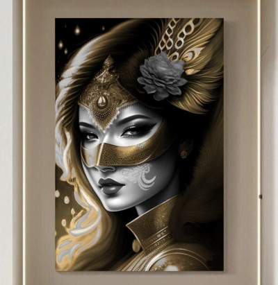 Elegantes Leinwandbild mit goldener Maskenfigur und dunklen Kontrasten