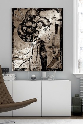 Expressives Leinwandbild einer Frau im grafischen Schwarz-Weiß-Stil Expressives Leinwandbild einer Frau im grafischen Schwarz-Weiß-Stil