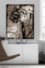Expressives Leinwandbild einer Frau im grafischen Schwarz-Weiß-Stil