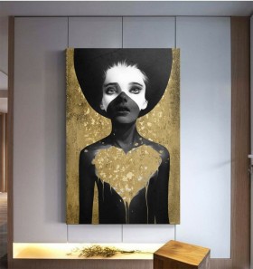 Abstraktes Frauenporträt als Leinwandbild mit goldener Herzform Abstraktes Frauenporträt als Leinwandbild mit goldener Herzform