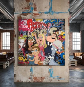 Buntes Pop-Art Canvas mit Comicfiguren und Graffiti-Elementen Buntes Pop-Art Canvas mit Comicfiguren und Graffiti-Elementen