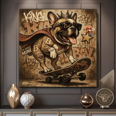 Street-Art Leinwandbild mit cooler Bulldogge auf dem Skateboard