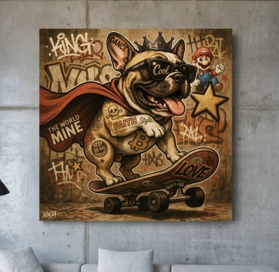 Street Art Leinwandbild mit Skateboard-Hund und Graffiti-Optik