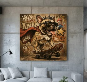 Street Art Leinwandbild mit Skateboard-Hund und Graffiti-Optik Street Art Leinwandbild mit Skateboard-Hund und Graffiti-Optik