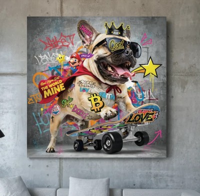 Street Art Leinwandbild mit frechem Hund auf Skateboard