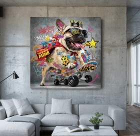 Street Art Leinwandbild mit frechem Hund auf Skateboard Street Art Leinwandbild mit frechem Hund auf Skateboard