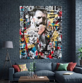 Rock Collage Leinwandbild mit urbaner Typografie und Porträtmotiv Rock Collage Leinwandbild mit urbaner Typografie und Porträtmotiv