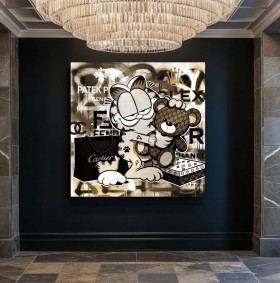 Pop Art Leinwandbild mit Katzenfigur und Luxus-Collage