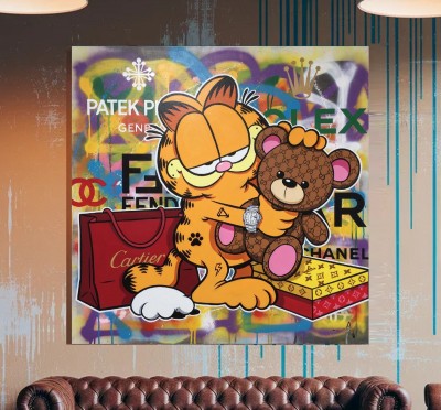 Pop-Art Leinwandbild mit Garfield und Teddy im Luxus-Graffiti-Stil