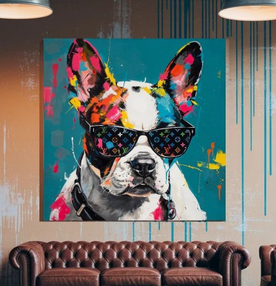 Pop Art Leinwandbild Hund mit Sonnenbrille in bunten Farben