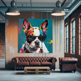 Pop Art Leinwandbild Hund mit Sonnenbrille in bunten Farben