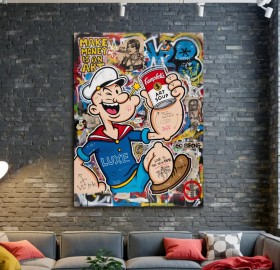 Buntes Pop Art Leinwandbild mit Graffiti-Motiv und Comicfigur Buntes Pop Art Leinwandbild mit Graffiti-Motiv und Comicfigur