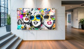 Pop Art Leinwandbild mit ikonischen Gesichtern und Neonfarben Pop Art Leinwandbild mit ikonischen Gesichtern und Neonfarben