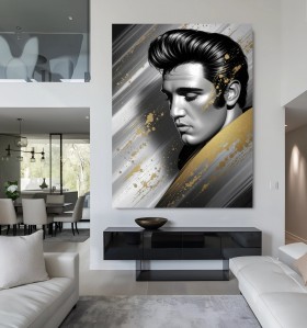 Elegantes Elvis Portrait Leinwandbild in Schwarz, Silber und Gold Elegantes Elvis Portrait Leinwandbild in Schwarz, Silber und Gold