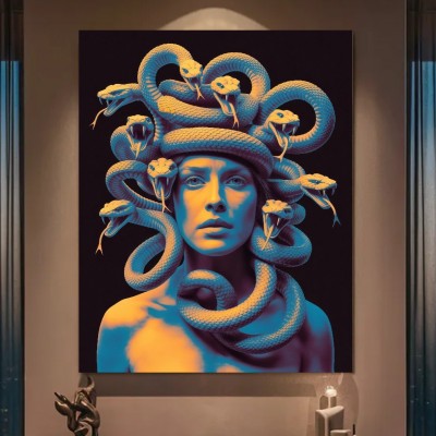 Surreales Leinwandbild mit Schlangenmotiv und blauem Porträt