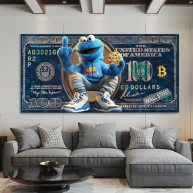 Pop-Art Leinwandbild mit blauer Figur und Geldschein-Hintergrund