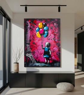Urbanes Leinwandbild mit Mädchen und bunten Ballons