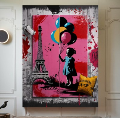 Pop-Art Leinwandbild mit Eiffelturm und Kind mit Ballons