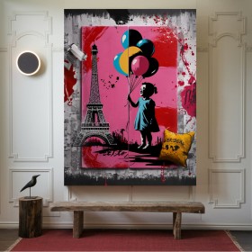 Pop-Art Leinwandbild mit Eiffelturm und Kind mit Ballons