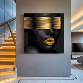 Modernes Leinwandbild mit goldenen Akzenten und stilisiertem Gesicht Modernes Leinwandbild mit goldenen Akzenten und stilisiertem Gesicht