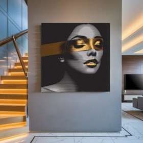 Abstraktes Leinwandbild mit grafischem Frauenporträt in Gold und Schwarz Abstraktes Leinwandbild mit grafischem Frauenporträt in Gold und Schwarz