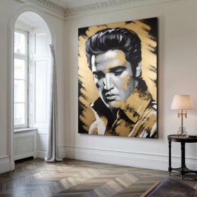 Elvis Presley Porträt als moderner Leinwanddruck in Gold und Schwarz Elvis Presley Porträt als moderner Leinwanddruck in Gold und Schwarz