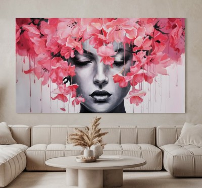 Porträt mit pinken Blüten als ausdrucksstarkes Leinwandbild