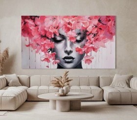 Porträt mit pinken Blüten als ausdrucksstarkes Leinwandbild Porträt mit pinken Blüten als ausdrucksstarkes Leinwandbild