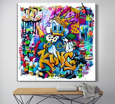 Buntes Graffiti Leinwandbild mit Cartoon-Ente und Pop-Art Details