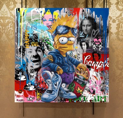 Pop-Art Leinwandbild mit Cartoonfigur und urbanen Graffiti-Elementen