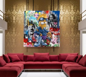 Pop-Art Leinwandbild mit Cartoonfigur und urbanen Graffiti-Elementen