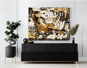Abstraktes Leinwandbild mit Comicfigur in Gold Schwarz