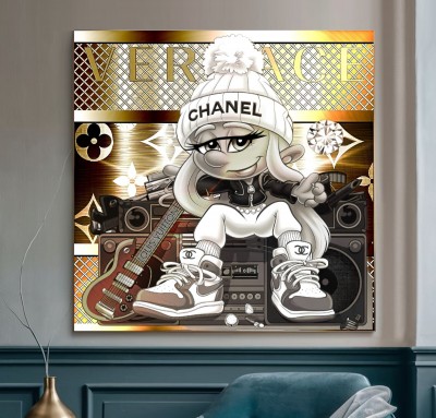 Verspieltes Pop-Art Leinwandbild mit Figur, Gitarre und goldenen Details