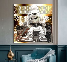 Verspieltes Pop-Art Leinwandbild mit Figur, Gitarre und goldenen Details