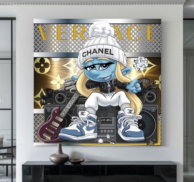 Pop Art Leinwandbild mit blauer Figur, Musik und Luxusdetails