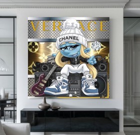 Pop Art Leinwandbild mit blauer Figur, Musik und Luxusdetails