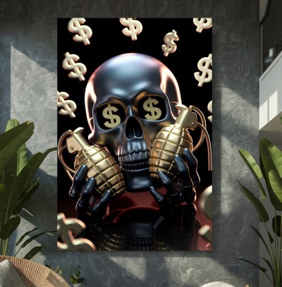 Dunkler Totenkopf mit Goldgranaten als modernes Leinwandbild