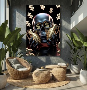 Dunkler Totenkopf mit Goldgranaten als modernes Leinwandbild