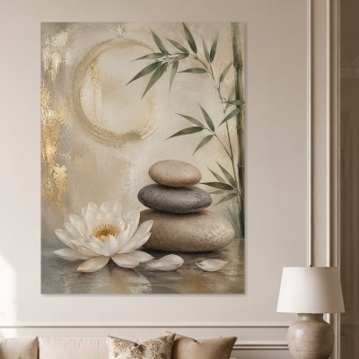 Lotus, Steinbalance und Goldkreis als Leinwand oder Poster